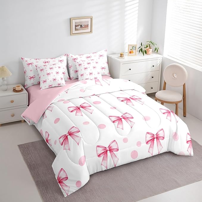 7 Pieces Pink Bow Princess Comforter Full,Bowknot Geometric Dots Toddler Bedding Set,Butterfly Knot Bow Tie Romantic White Simple（Comforter+Fitted+Flat Sheet+2 Pillowcases+2 Throw Pillow Covers）