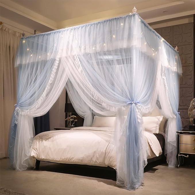 VETHIN 4 Corners Post Ruffle Princess Bed Canopy Curtain-Double Layer Cozy Drape Netting 4 Opening Mosquito Net for Girls Adults Bedroom Decoration (Gray/White,64" W*82" L*82"*H/Queen)