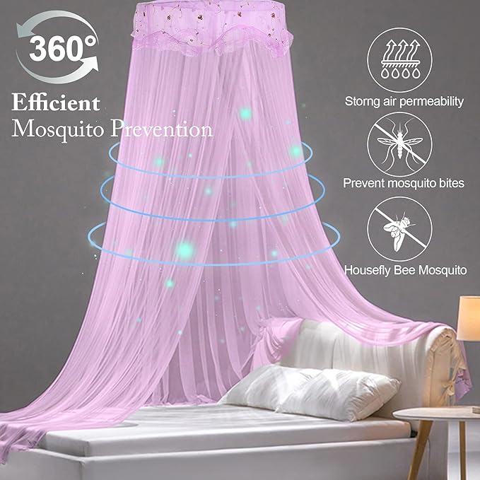 Bed Canopy for Girls, Princess Canopy Bed Curtains for Twin to King Size Bed, Canopy for Bed Baby Kids Adult, Bed Netting Canopy for Bedroom Decor Reading Nook, Summer for Outdoor Camping, Purple