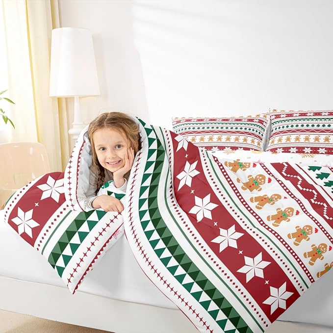 Feelyou Merry Christmas Bedding Set Soft for Boys Girls, Gingerbread Man Comforter Set Twin Size Duvet Quilt Microfiber Striped Bedroom Decor 2 Pcs with 1 Pillow Cases