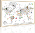Grey Kids World Map Wall Art Animal Map Canvas Wall Art Nursery Wall Decor World Map Poster Childrens Room Decor Playroom Prints Educational Artwork 16x24 Inch Framed