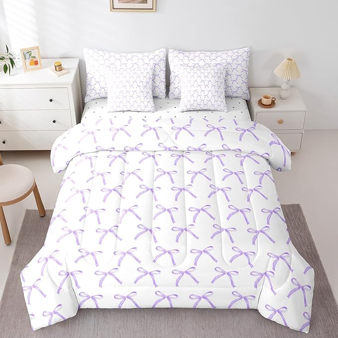 Manfei 7 Pieces Cartoon Bowknot Kids Comforter Twin Size,Bow Tie Knot Princess Girls Bedding Set,Cute Bow Sketch Geometric Purple Romantic（Comforter+Fitted+Flat+2 Pillowcases+2 Throw Pillow Covers）