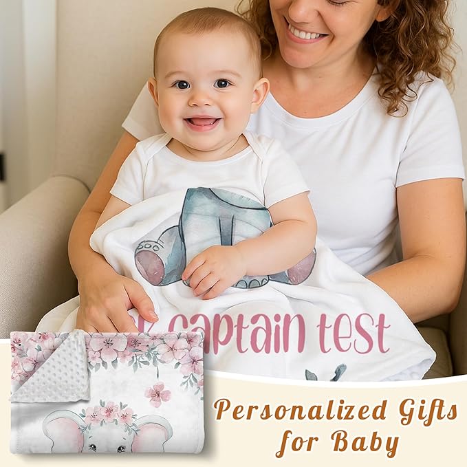 Personalized Baby Blankets for Girls Boys, Custom Elephant Baby Blanket with Name for Kids, Flannel Bed Throw Blanket for Newborn, Customized Baby Gifts for Baby Shower Nursery Blanket(47"x60)