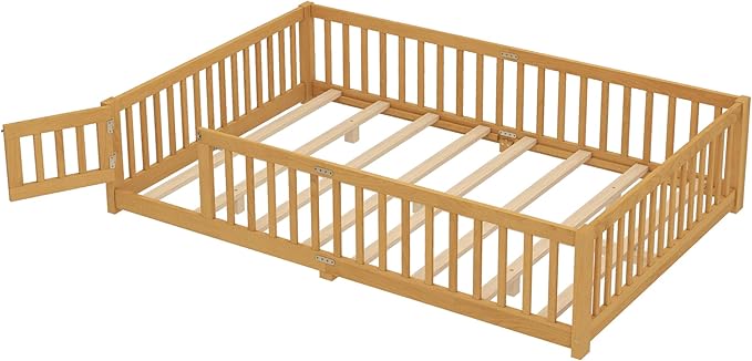 Bellemave Queen Size Floor Bed for Kids, Girls, Boys, Wood Floor Bed with slats and Door, Natural