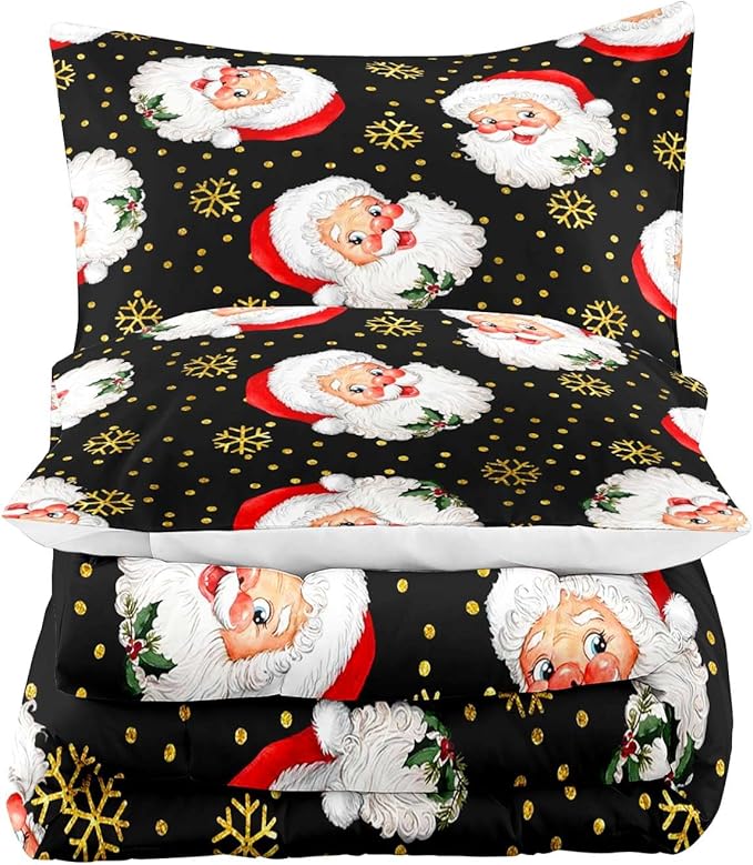 LUVIVIHOME 2PCS Merry Christmas Comforter Set Twin Size, Gold Snowflake Funny Cute Santa Claus Bedding, Christmas Bedroom Decor, Soft Breathable Microfiber Black Quilt, Xmas Gifts, 1 Pillow Sham