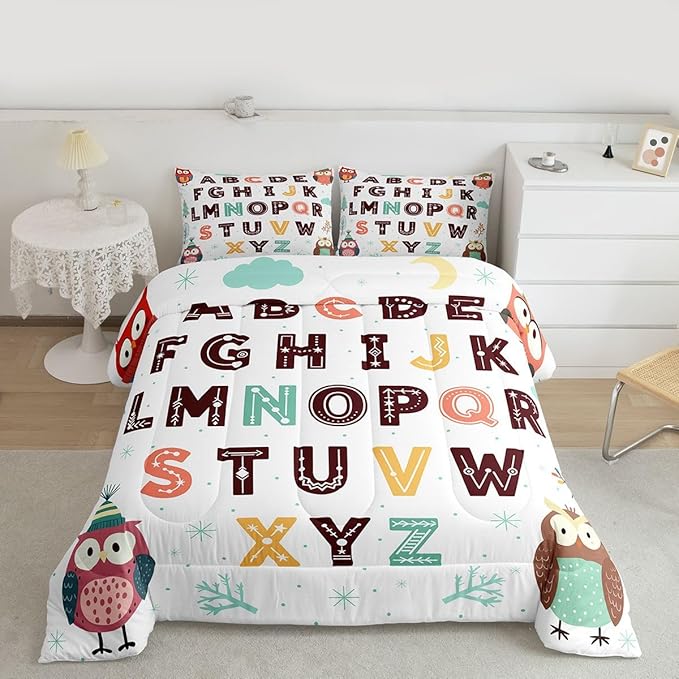 Feelyou Alphabet Kids ABC Learning Comforter Set Twin Size Cartoon Owls Bedding Set for Kids Boys Girls Educational Nursery Art Duvet Quilt Wildlife Bedroom Decor Microfiber 2 Pcs with 1 Pillow Cases