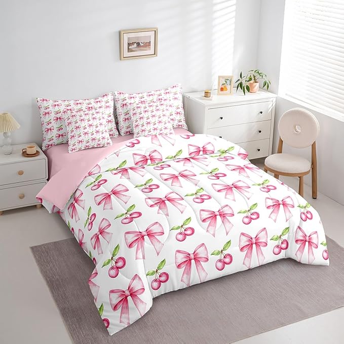 7 Pieces Pink Bowknot Kids Comforter Queen,Cherry Tropical Fruit Cartoon Bedding Set,Bow Tie Butterfly Knot Princess Dreamy Fashion（Comforter+Fitted+Flat Sheet+2 Pillowcases+2 Throw Pillow Covers）