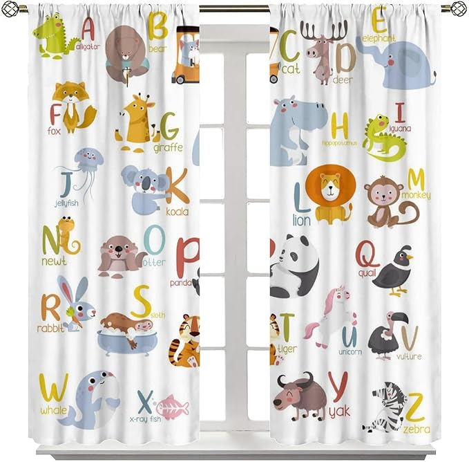 Kids Alphabet Curtains Funny Cartoon Educational Learning Cute Animal Zebra Curtain with Rod Pocket for Bedroom Living Room Decor Drapes Window Treatments 2 Panels Set 42" W X 54" L