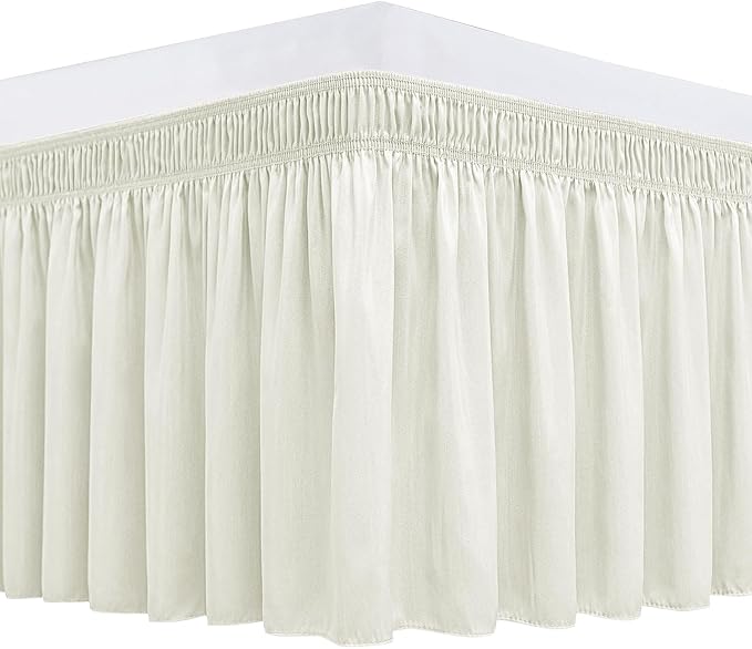 Biscaynebay Wrap Around Bed Skirts for Queen Beds 19" Long Drop, Ivory Adjustable Elastic Dust Ruffles Easy Fit Wrinkle & Fade Resistant Silky Luxurious Fabric Solid Machine Washable