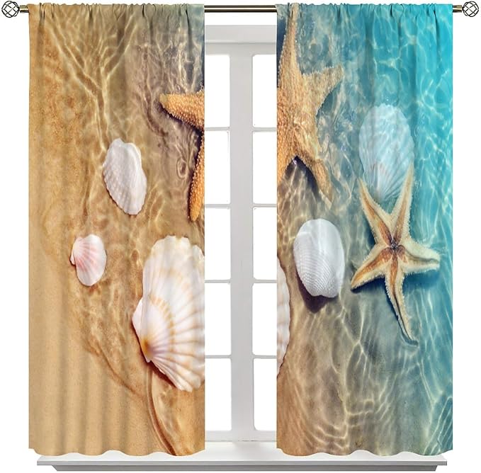 Beach Curtain for Bathroom Decor，Sea Turtle Starfish Seashell Nautical Ocean Coastal Scenery Art Printed Fabric Polyester Waterproof Set 2 Panels,52x84 Inches