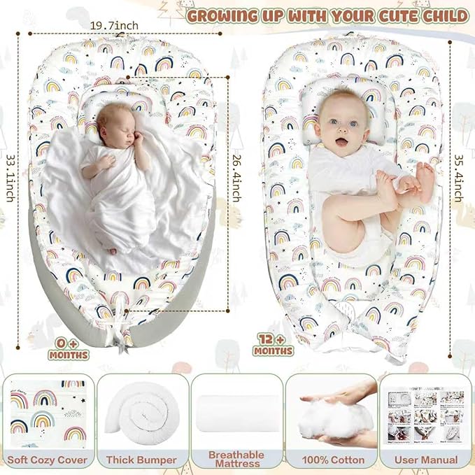 JIFTOK Baby Nests Lounger for Newborn, Snuggle Bassinet for 0-24M, Breathable Portable Co Bed, Baby Essentials Adjustable Infant Soft Cotton Loungers for Home & Travel -Rainbow