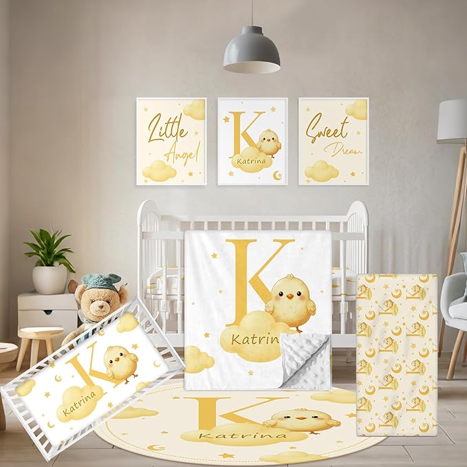 Personalized Crib Bedding Set, 5 Pcs Custom Nursery Bedding Sets with Name, Infant Bedding Set for Baby Girl Boy, Yellow Chick Double Layer Baby Crib Set, Toddlers Babies Kids Customized Gifts