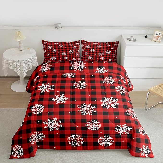 Feelyou Christmas Kids Comforter Set Twin Size Snowflake Red Bedding Set Red Black Plaid Duvet Quilt for Kids Boys Girls Bedroom Winter Snow Decor Microfiber Ultra Soft Breathable