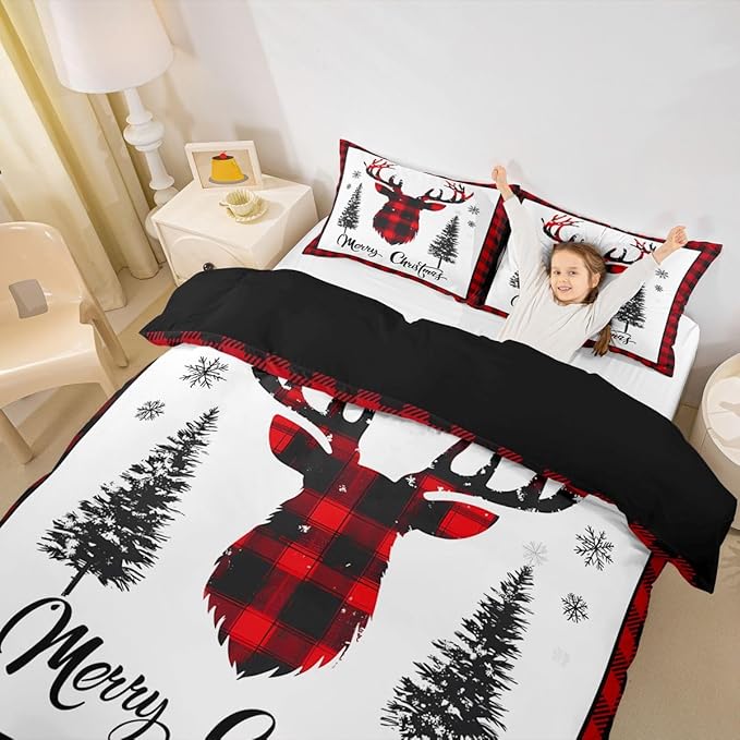 jejeloiu Christmas Bedding Set for Kids Boys Girls Xmas Deer Elk Antlers Comforter Cover Set Full Size Buffalo Check Grid Duvet Cover Bedroom Decor Xmas Bedding Collection 3Pcs