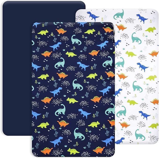 PHF 3 Pack Soft Mini Crib Sheets, Dinosaur Pack N Play Sheets for Baby Boys Girls, No Slip Universal Fit for Pack N Play, Playard, Portable and Mini Crib Mattresses,Navy Dinosaur