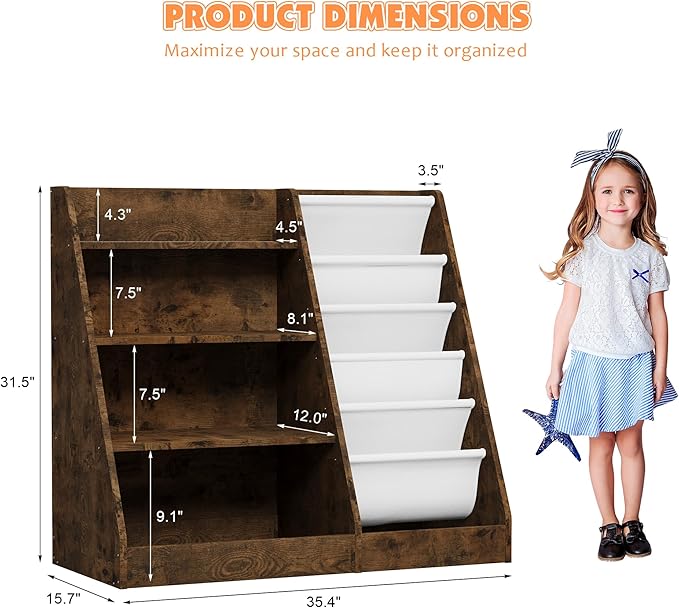 NACHES Montessori Kid Bookshelf Toddler Bookcase Cabinet Children Book Rack Display Toy Storage Organizer 4 Tier 5 Sling Deep Sleeves Classroom Bedroom Nursery Playroom Wood (Rustic)