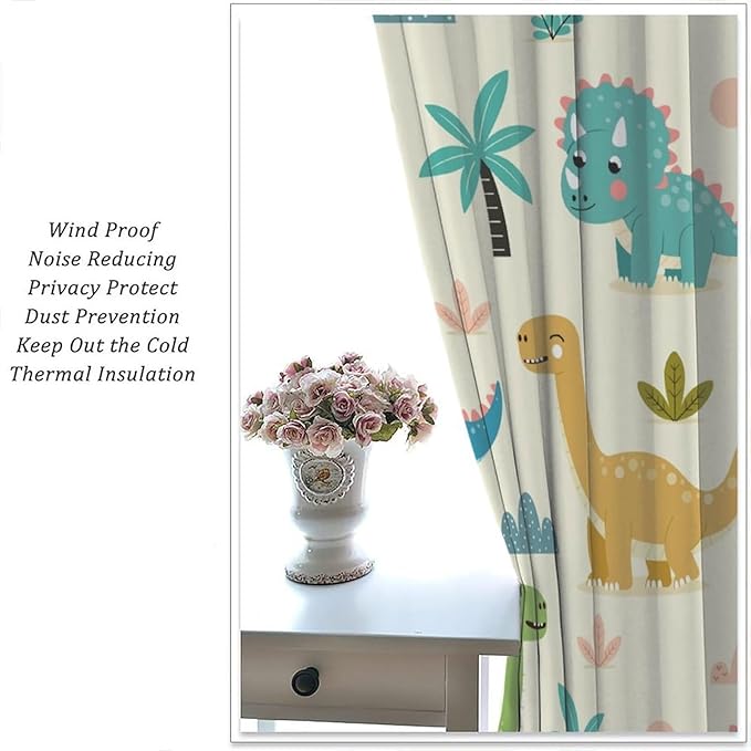 Fun Dino Curtains, Cute Colorful Dinosaur Pattern Blackout Window Treatments, Rod Pocket Thermal Insulated Drapes 2 Panel Sets for Children Boys Bedroom Nursery Classroom, 72" W X 63" L