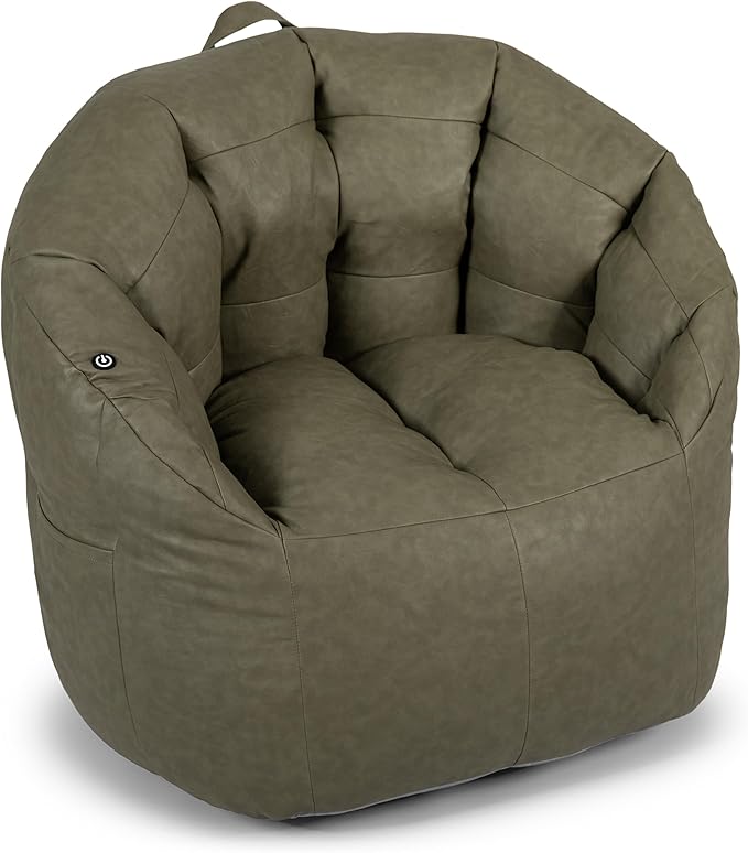 Big Joe Milano w/Vibe Vibrating Massage Bean Bag Chair for Kids, Teens, Adults, Olive Green, Vegan Leather, Lightweight Seat for Reading Nook and Gaming 2.5 Foot Refillable