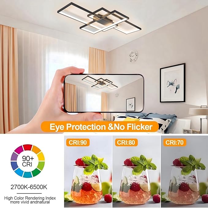 Modern Dimmable LED Ceiling Light Fixture,With remote control 3 Color Selectable Flush Mount Ceiling Lamp Ceiling Lights for sitting room Kitchen Bedroom Hallway Porch(Black, 43.3*23.6*2.5 IN)
