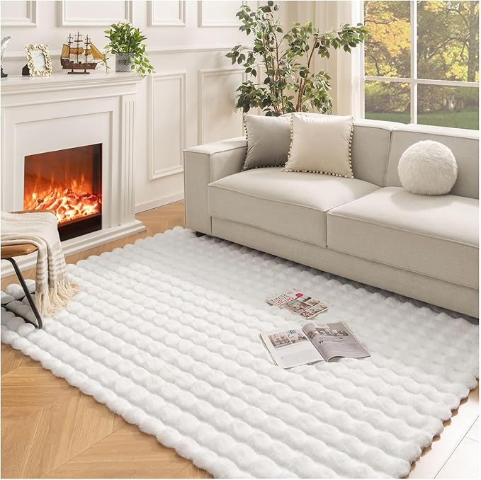 Ashler Faux Rabbit Fur Rug, White 4x6 FT Fluffy Soft Runner Area Rugs, Rectangle Fuzzy Carpet for Living Room, Bedroom, Machine Washable Shaggy Nursery - 3D Bubble Mat