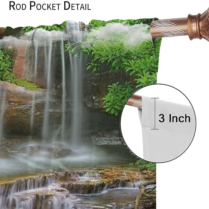 Waterfall Blackout Window Curtains, Rocky Waterfall to Pond Running Off Scenic Nature Themed Picture Print Window Drapes, for Living Room Bedroom 63x72in 2 Panels