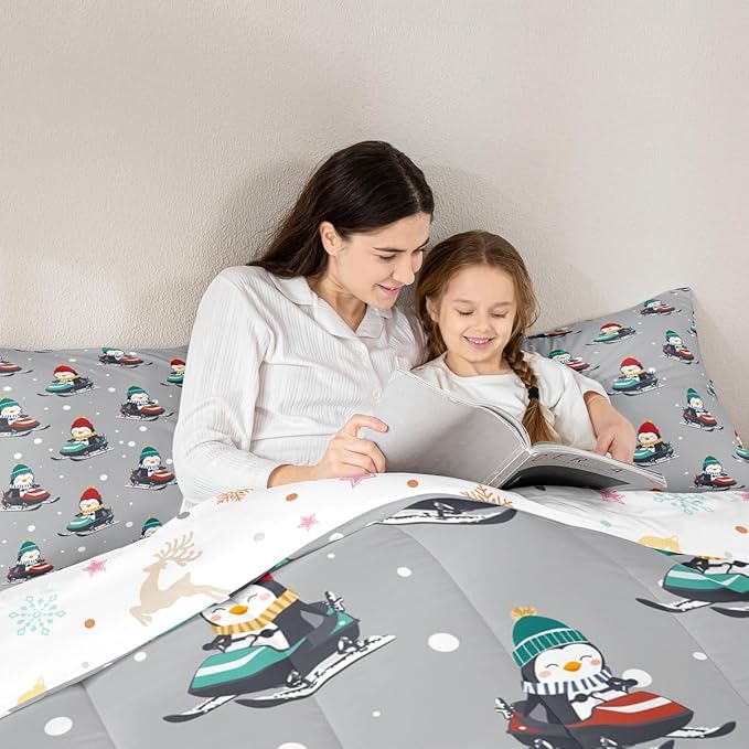 Feelyou Christmas Comforter Set All Season Gray Penguin Bedding Set with 2 Pillow Cases Cartoon Penguin Skiing Microfiber Kids King Bedclothes Snowflake Bedroom Decor Duvet Quilt Breathable Soft