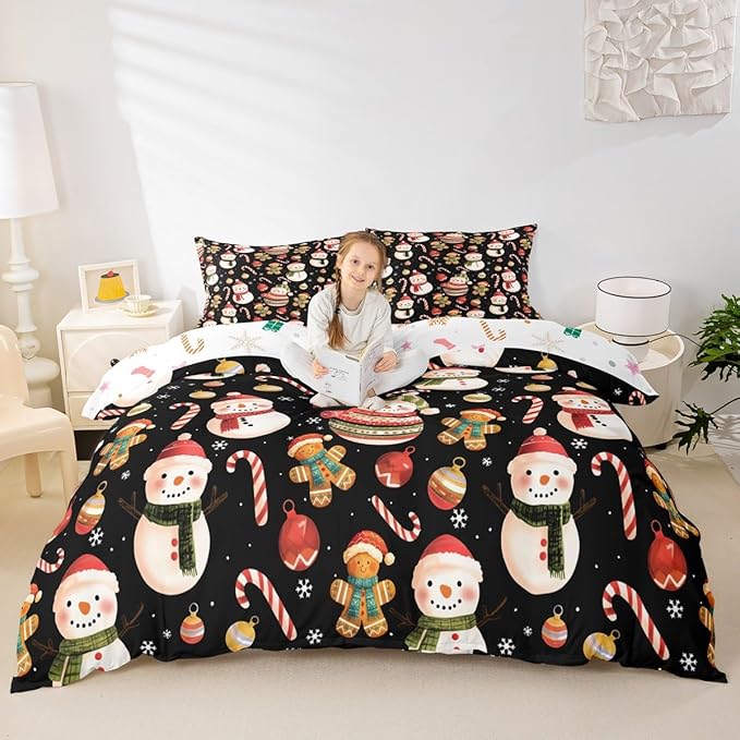 Feelyou Merry Christmas Duvet Cover King Size Gingerbread Man Snowman Comforter Cover for Boys Girls Candy Cane Bell Xmas Decor Bedding Set 3Pcs Reversible Xmas Decor Room Decor