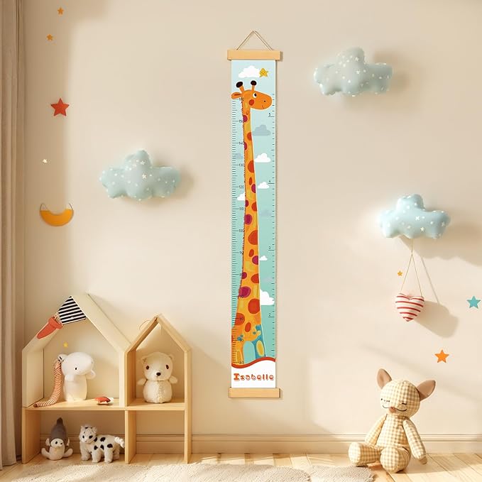 Personalized Name Growth Chart Wall Decor for Kids – Canvas Removable Height Chart Measuring Ruler 59" x 7.9" (Painted Giraffe)
