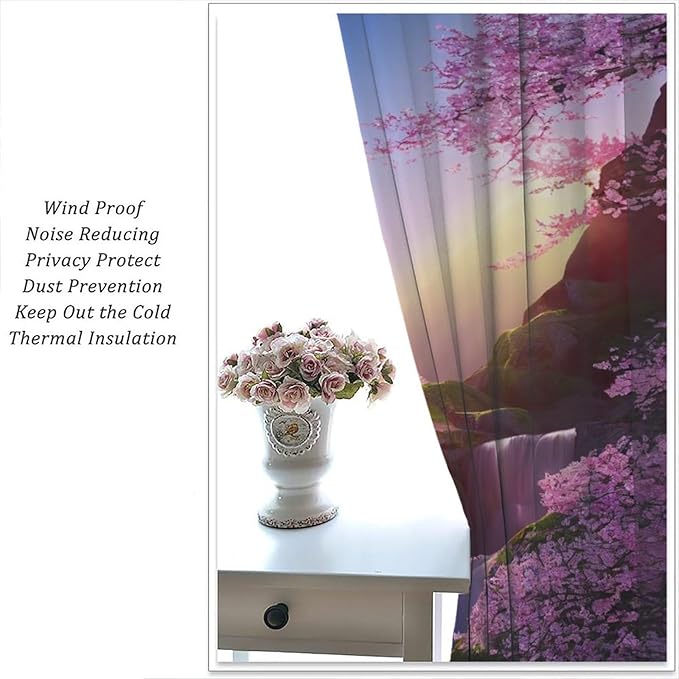 Landscape Waterfall Blackout Curtains, Watercolor Blossom Cherry Flower Forest Pattern Rod Pocket Window Drapes, for Bedroom Living Room 55" W X 63" L