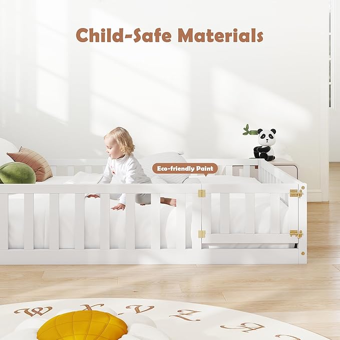 mikibama Twin Floor Bed for Kids, Wooden Montessori Bed Frame with Headboard Bookcase, Storage Shelves & Safety Fence Rails, Kids Floor Bed Frame with Door for Girls, Boys, White