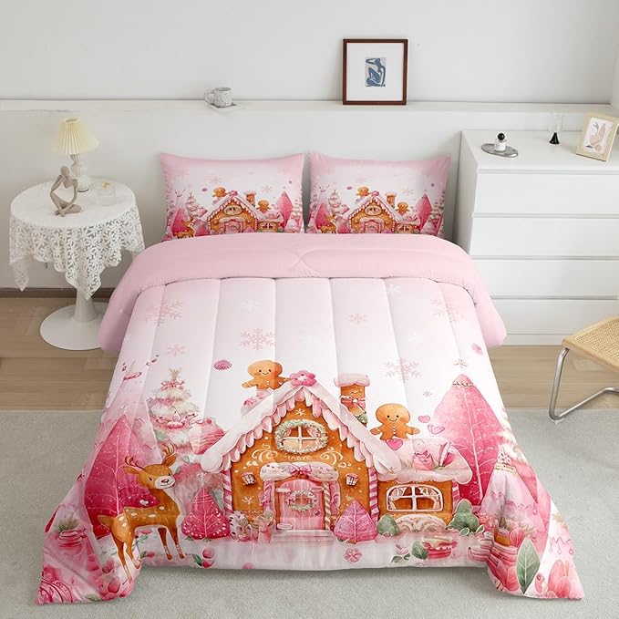 jejeloiu Kids Christmas Theme Comforter Set King Size Cute Deer Gingerbread Man Bedding Set for Boys Girls Teens Pink Xmas Tree Candy House Snowflake Winter Duvet Quilt Room Decor
