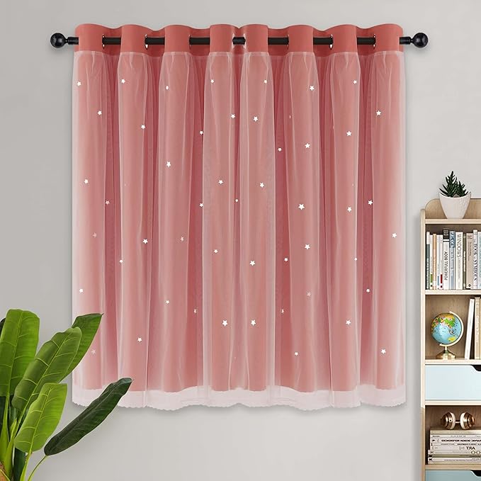 Kinryb Princess Curtains for Girls Bedroom with Sheer Overlay,Double Layer Curtain for Living Room with Star Cutout, Curtains for Kids Room (52 W*63 L Inches,2 Pcs Coral)