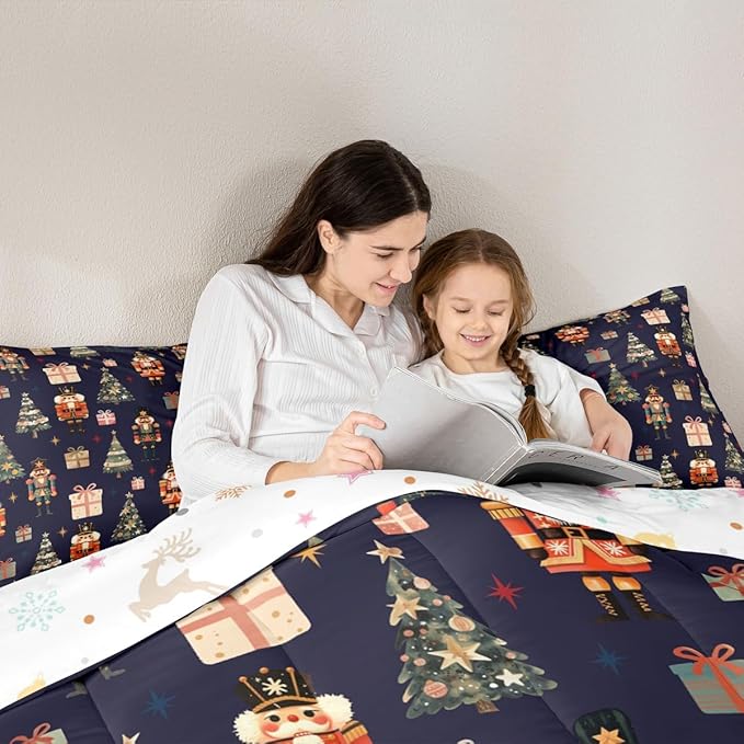jejeloiu Xmas Nutcracker Comforter Set Toddler Size Christmas Dark Blue Bedding Set for Kids Boys Girls Cute Snowflakes Duvet Quilt Bedroom Decor