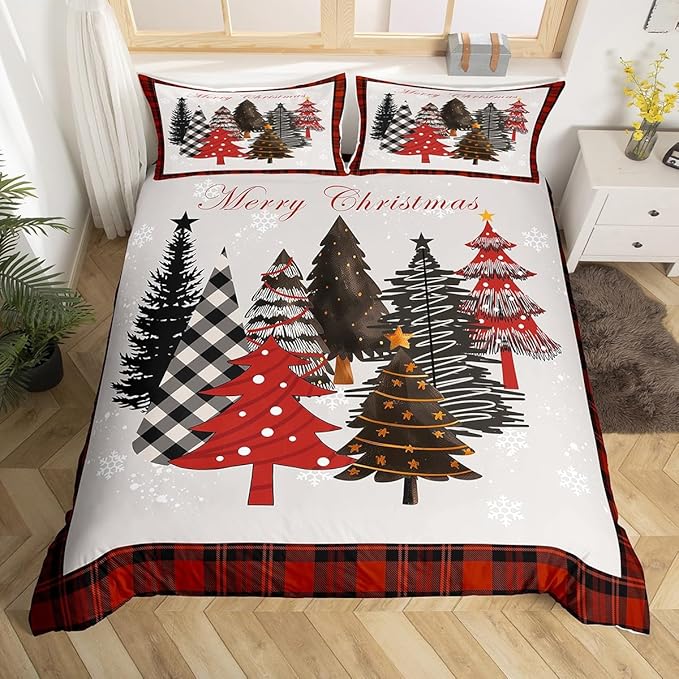 Merry Christmas Duvet Cover Set Twin Size,Xmas Tree Winter Snowflake Cabin Rustic Bedding Set,Boys Girls Room Decor,Geometric Grids Patch Comforter Cover,Grey Quilt Cover,1 Pillowcase,No Comforter