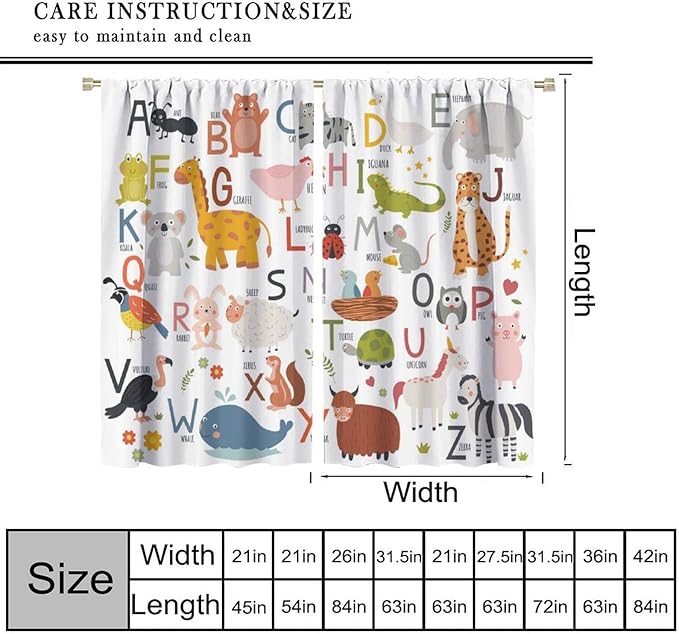 Alphabet Kids Learning Curtains Cartoon Animal Baby Boys Child Educational Curtain with Rod Pocket for Bedroom Nursery Home Decor Drapes Window Treatments 2 Panels Set 84" W X 84" L