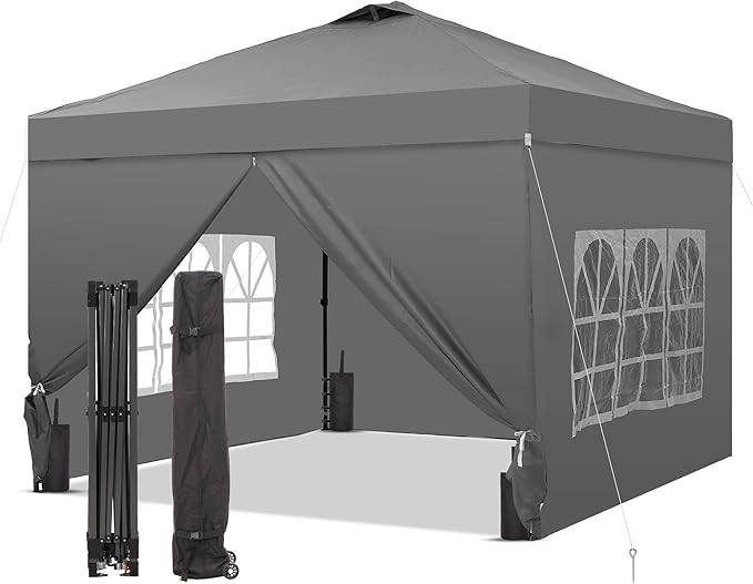 GDY 12x12 Pop Up Canopy Tent with 4 Sidewalls, Easy Set up with One Push Lift Outdoor Silver Coated Beach Gazebos, Carpas for Pool, Events, Parties, and Camping, Gray.