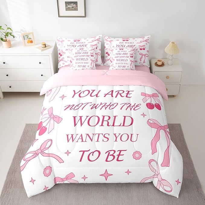 7 Pieces Pink Bowknot Kids Comforter Set King,Cherry Tropical Fruit Cute Princess Bedding Set,Bow Tie Stars Daisy Floral Romantic（Comforter+Fitted+Flat Sheet+2 Pillowcases+2 Throw Pillow Covers）