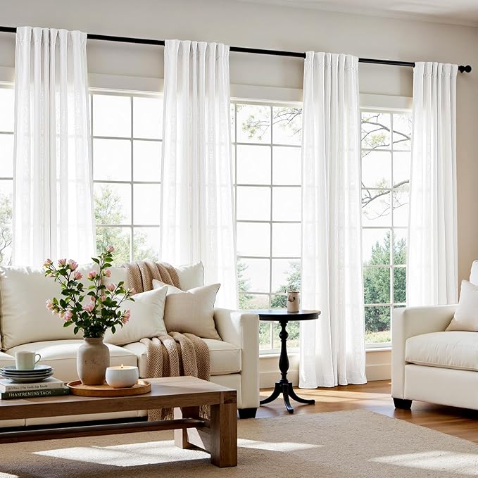 jinchan Linen Curtains 50W x 108L Inch Off White for Living Room Farmhouse Curtains Clip Rings Back Tab Rod Pocket Drapes 4-Panel Set