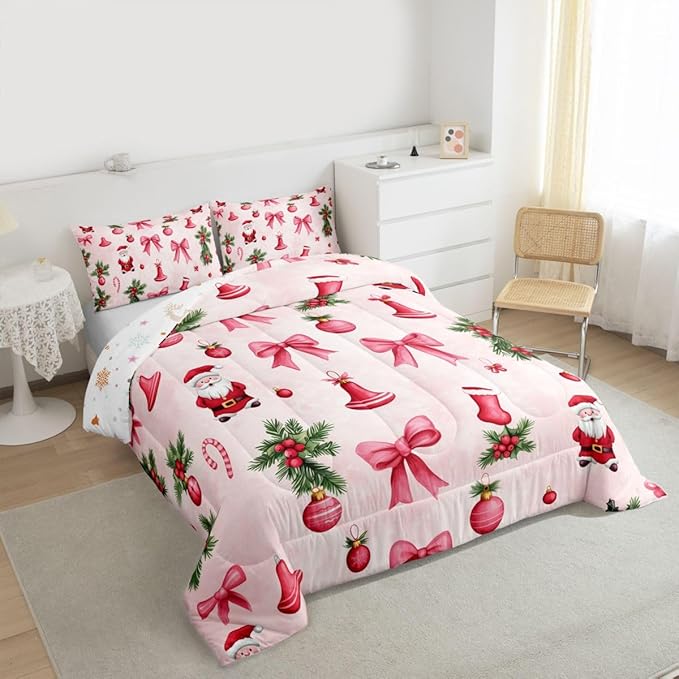 Feelyou Santa Claus Bedding Set Soft for Boys Girls, Pink Bow Comforter Set Twin Size Christmas Ornament Duvet Quilt Microfiber Candy Cane Bedroom Decor Holly Berry 2 Pcs with 1 Pillow Cases