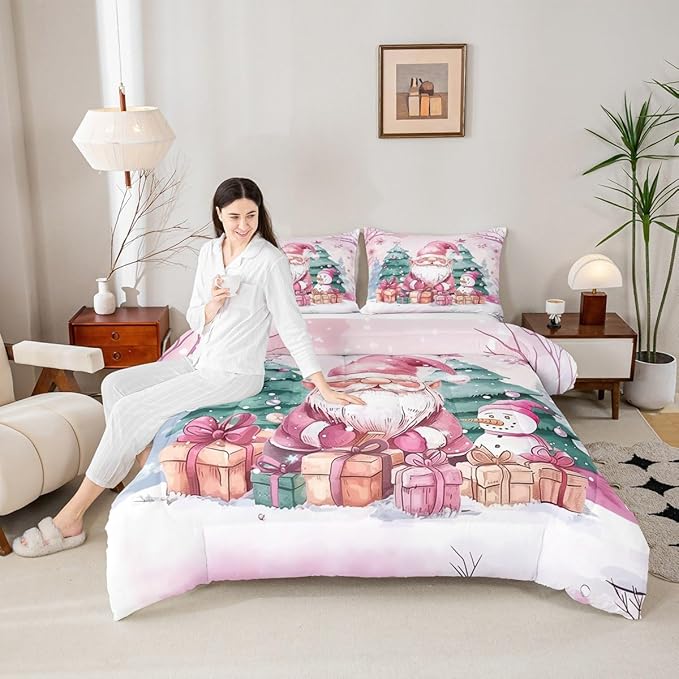 Feelyou Pink Christmas Comforter Set All Season Santa Claus Bedding Set with 1 Pillow Cases Cute Snowflake Kids Toddler Bedclothes Merry Christmas Tree and Snowman Decor Duvet Quilt Soft