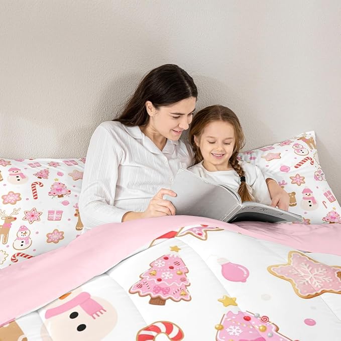 Feelyou Pink Christmas Comforter Set Toddler Size Snowman Deer Bedding Set for Kids Boys Girls Snowflake Duvet Quilt Bedroom Decor Microfiber 2 Pcs with 1 Pillow Cases