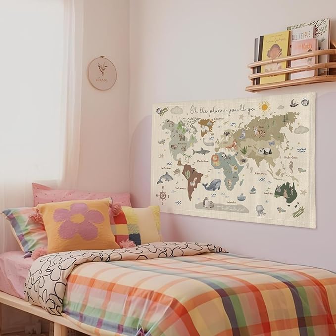 Wheatwin World Map for Kids, World Maps Banner for Playroom Wall 20x30, World Map Cute Wall Hanging Decor Banner Flag for Playroom Nursery Classroom Boys Girls Kids Room Prints