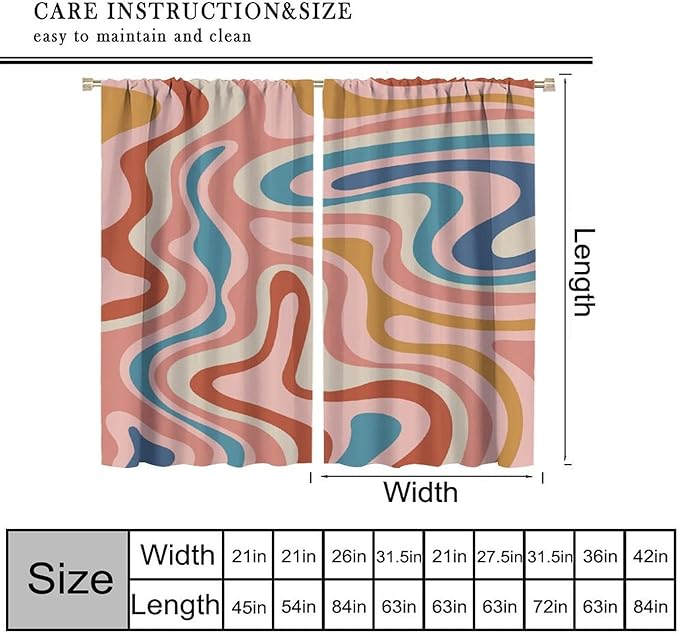 70S Abstract Wavy Swirl Curtain for Bedroom Windows,Retro Boho Minimal Teen Girls Kids Living Room Restroom Window Treatments Drapes 42" W X 54" L
