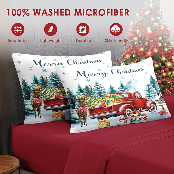 7 Pcs King Size Christmas Comforter Set with 2 Pillowcases & 2 Shams, Red Vintage Truck Elk Bedding for Kids and Adults, Winter Forest Bed in a Bag with Flat Fitted Sheet