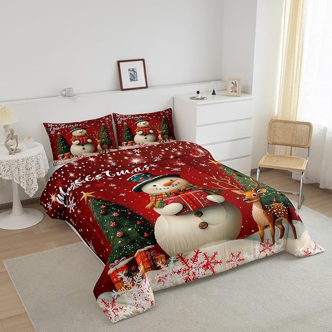 Manfei Merry Xmas Comforter Set Toddler Size,Cute Deer Snownman Bedding Set Kids Girls Adult Room Decor,Christmas Tree Gift Down Comforter Soft Duvet Insert,1 Pillowcase