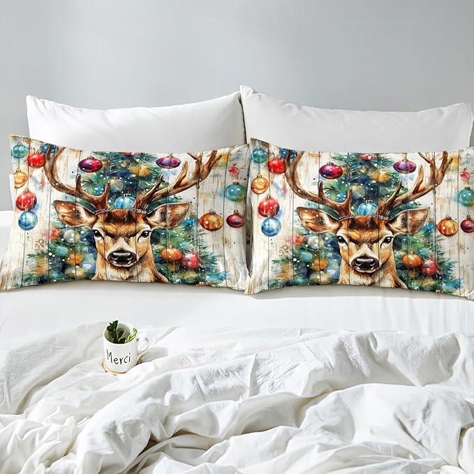 Cabin Deer Duvet Cover Set Queen Size,Tie-dye Christmas Tree Wooden Plank Rustic Bedding Set,Boys Girls Room Decor,Wild Animal Farmhouse Comforter Cover,Brown Quilt Cover,2 Pillowcases,No Comforter