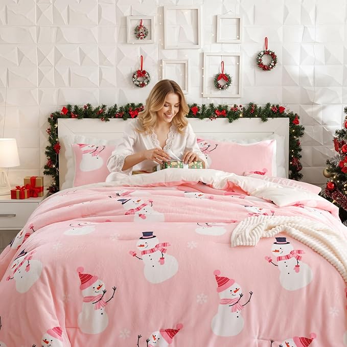 JANZAA Christmas Comforter Set Queen, Pink Flannel Comforter with Snowman Pattern, Soft Cozy Lightweight Bedding Set Fluffy Comforter Set 1 Queen Comforter(90"*90") and 2 Pillowcases (20"*26")