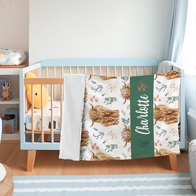 Personalized Baby Name Blanket for Boy Girl, Soft Flannel Blanket with Double Layer Dotted Backing for Infant Newborn, Nursery Crib with Floral Highland Cow Design, Gifts for New Mom(60" x80)