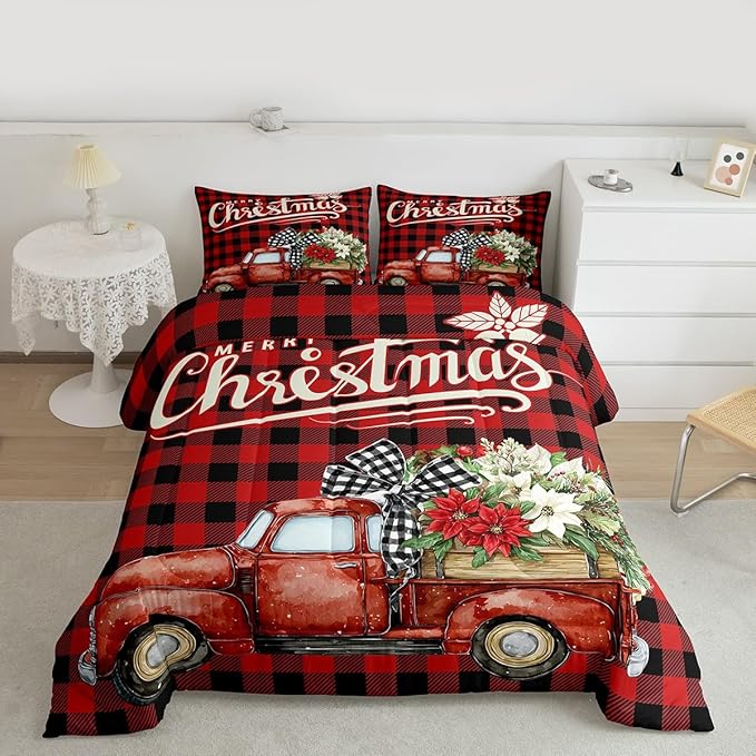 Kids Christmas Truck Comforter Set Full Size,Floral Leaves Romantic Bedding,Girls Boys Adults Bedroom/Xmas Cabin Decor,Geometric Plaid Retro Down Comforter,Rustic Farm Duvet Insert,2 Pillowcases