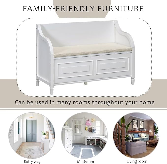 Merax Storage Bench, 41.9” Solid Wood Storage Chest with Backrest and Safety Hinge, Large Storage Space Bench with Upholstered Cushions,Supports 250 lb and Easy Assembly for Small Space, White